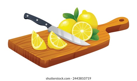 Fresh whole, half and cut slices lemon with knife on cutting board. Vector cartoon illustration