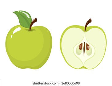 Fresh whole and half green apple isolated on white background. Organic fruit. Cartoon style. Vector illustration for any design.