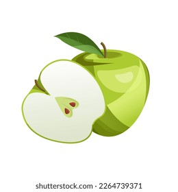 Fresh whole, half of green apple isolated on white background. Vegan food vector icons in a trendy cartoon style. Healthy concept.