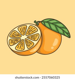 Fresh whole and half orange fruit with leaves isolated on orange background