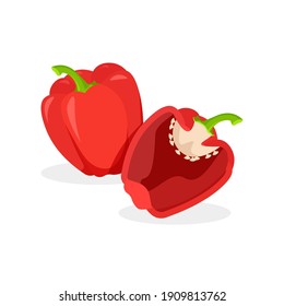 Fresh whole, half and piece of red bell pepper isolated on white background. Vegan food vector vegetable icons in a trendy cartoon style. Healthy food concept.