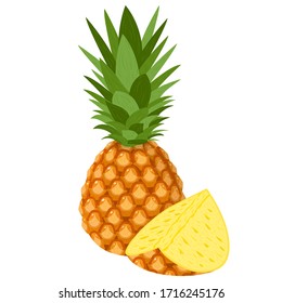 Frische ganze und halbe Ananas Früchte einzeln auf weißem Hintergrund.Sommerfrüchte für gesunden Lebensstil. Bio-Früchte. Cartoon-Stil. Vektorgrafik für jedes Design.