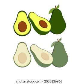 Vocado fresco entero, medio y rebanado aislado en la ilustración del Vector de fondo blanco.