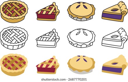 Fresco Pie entero y rebanada de pie sabor a fresa y arándano con Ilustración vectorial de corteza. Borde ondulado, parte superior de celosía.