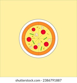 Fresh whole pizza with pepperoni, sliced basil, champignon mushrooms, cheese. Italian traditional food. Popular food in Europe. Illustration vector EPS10. 