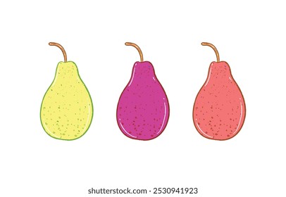 Fresh whole raw green, purple, and red pear fruit