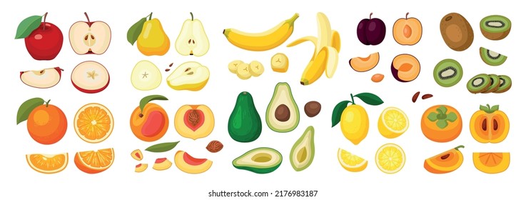 Frutas frescas enteras y cortadas con manzana de pera banana persimmon naranja kiwi plum limón aguacate ilustración vectorial plana aislada