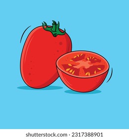 Fresh Whole Tomato And Fresh Half Juicy Tomato Isolated On Blue Background, Vector Illustration