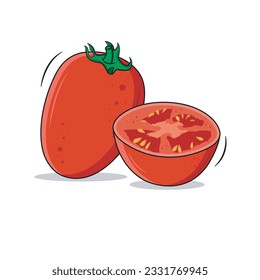 Fresh Whole Tomato And Fresh Half Juicy Tomato Isolated On White Background, Vector Illustration