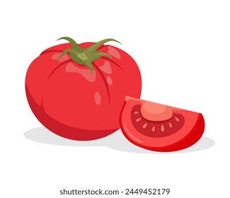 Fresh whole Tomato and piece of tomato. Farm tomatoes plant icon. Organic vegetables vegetarian food. Vector illustration isolated on white background.