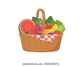 Fresh Wicker Picnic Basket Filled with Assorted Organic Fruits and Leafy Greens