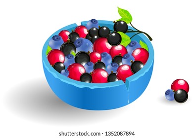 Fresh wild berries in a blue plate. Cartoon style. Vector illustrarion.