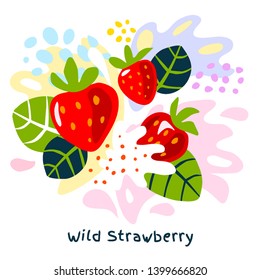 Fresh wild strawberry berry berries fruits juice splash oil organic food wild strawberries juicy splatter on abstract background vector hand drawn illustrations