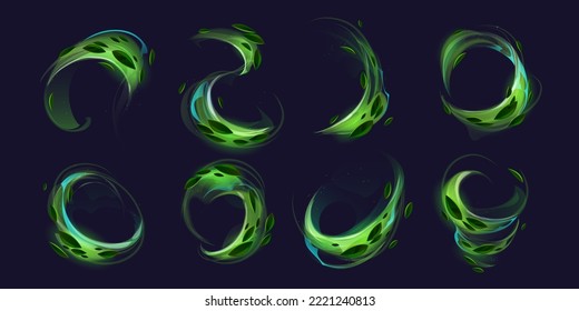 Fresh wind effect, green air swirls with leaves and sparkles. Tea splash and vortex with flying mint leaves isolated on black background, vector realistic illustration