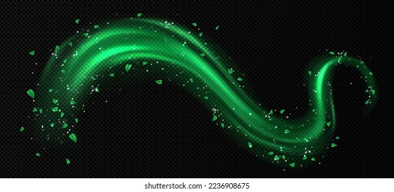 Fresh wind flow with flying green leaves and sparkles. Abstract motion effect of wavy air stream with mint leaves isolated on transparent background, vector realistic illustration