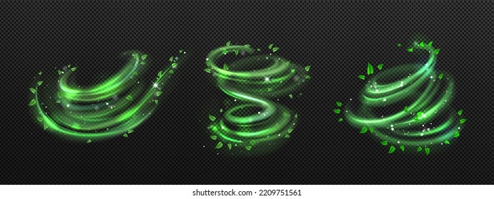 Fresh wind swirls with green leaves and sparkles. Effect of air vortex and twist with flying mint leaves isolated on transparent background, vector realistic illustration