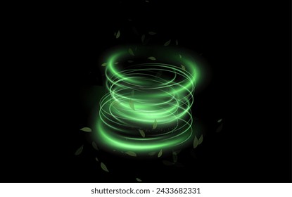 Fresh wind swirls with green leaves and glitter and neon green lines . Cool air twirl and swirl effect with flying mint leaves. Light effect for advertising of refreshing drinks, cocktails 