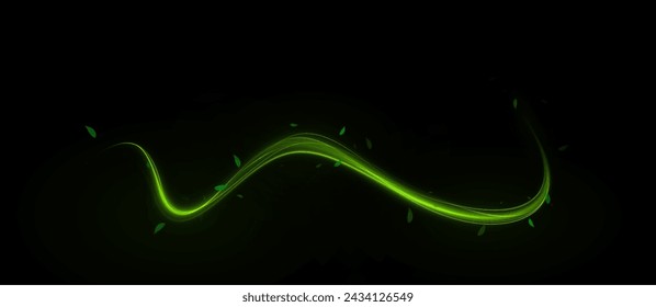 Fresh wind swirls with green leaves and glitter and neon green lines . Cool air twirl and swirl effect with flying mint leaves. Light effect for advertising of refreshing drinks, cocktails	