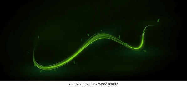 Fresh wind swirls with green leaves and glitter and neon green lines . Cool air twirl and swirl effect with flying mint leaves. Light effect for advertising of refreshing drinks, cocktails	
