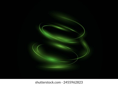 Fresh wind swirls with green leaves and glitter and neon green lines . Cool air twirl and swirl effect with flying mint leaves. Light effect for advertising of refreshing drinks, cocktails