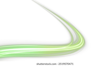 Fresh wind swirls with green leaves and glitter and neon green lines . Cool air twirl and swirl effect with flying mint leaves. Light effect for advertising of refreshing drinks, cocktails