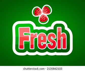 Fresh word 3d cartoon phrase text icon sticker isolated on white background vector poster. Summer season freshness concept web banner template. Green and red watermelon fruit slice, tasty juicy food.