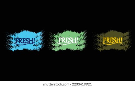 Fresh word tag. Bright text label sign on black background. Graphic logo design for print on food or drink packaging, juice pack. Vector illustration cartoon style. Blue color