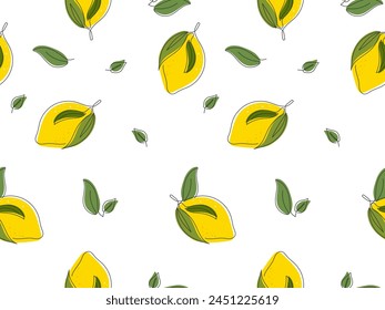 Fresh yellow abstract lemon seamless pattern. Line art simple modern illustration. Citrus with leaves background. Pattern for wallpaper, packaging, banner