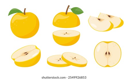Fresh yellow Apple fruits icons. Whole and cut apples, pieces and slices. Organic fruits for juice, smoothie or vitamin C healthy food. Vector illustration isolated on white background.