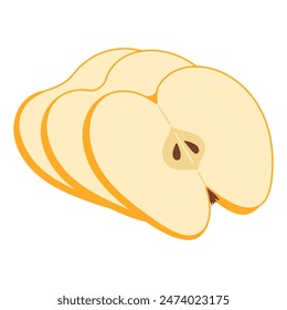 Fresh yellow apple slice icon. Healthy vegetarian snack, cut apple for design, infographic. Sliced on pieces apple. Hand drawn trendy flat style isolated on transparent background. Vector illustration