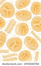 Fresh yellow banana slices on white background. Fruits wallpaper wrapping paper