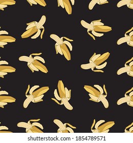Fresh Yellow banana Vector Repeat Seamless Pattrern in Yellow Colors. black baground. Great for fabric, packaging, wallpaper, invitations.