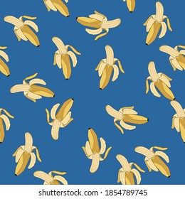 Frische gelbe Banane Vektor Wiederholung Nahtlose Muster in gelben Farben. blauer Hintergrund. Ideal für Stoff, Verpackung, Tapete, Einladungen.