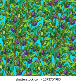 Fresh yellow and black Greek olives from the Mediterranean on branches with green leaves. Seamless light blue background with pattern.