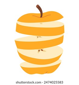 Frischer, gelb gehackter Apfel fliegt in der Luft. Eine Scheibe frischer Apfel. Gesunder vegetarischer Snack, geschnittener Apfel für Design. Hand gezeichnet Trendy flache Stil auf transparentem Hintergrund. Vektorillustration