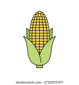 Fresh yellow corn on the cob with green husks vector illustration icon in flat cartoon style isolated on white background