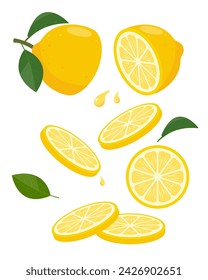 Fresh yellow cut lemon fruit and slices. Organic fruit Lemon for lemonade juice or detox smoothie, vitamin C healthy food. Vector icons illustration isolated on white background.