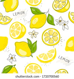 Fresh yellow fruits of lemon, lime, with green leaves and flowers. Seamless citrus texture on a white background. Whole lemon slice. Doodle Minimal Style. Black line. Vector illustration. Handwriting.