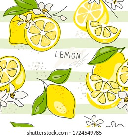 Fresh yellow fruits of lemon, lime, with green leaves and flowers. Seamless citrus texture on a white background. Whole lemon slice. Doodle Minimal Style. Black line. Vector illustration. Handwriting.