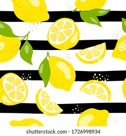 Fresh yellow fruits of lemon, lime, with green leaves. Seamless citrus texture on a white background. Whole lemon slice. Doodle Minimal Style. Black line. Vector illustration. Handwriting.
