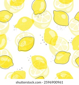 Fresh yellow fruits of lemon, lime, with green leaves and flowers. Seamless citrus texture on a white background. Whole lemon slice. Doodle Minimal Style. Black line. Vector illustration. Handwriting.