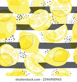 Fresh yellow fruits of lemon, lime, with green leaves and flowers. Seamless citrus texture on a white background. Whole lemon slice. Doodle Minimal Style. Black line. Vector illustration. Handwriting.