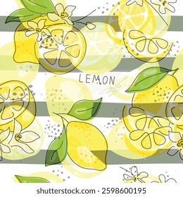 Fresh yellow fruits of lemon, lime, with green leaves and flowers. Seamless citrus texture on a white background. Whole lemon slice. Doodle Minimal Style. Black line. Vector illustration. Handwriting.