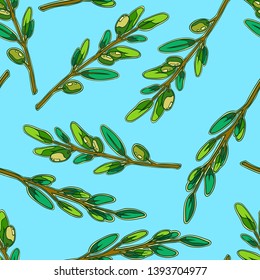 Fresh yellow Greek olives from the Mediterranean on branches with green leaves. Seamless light blue background with pattern.