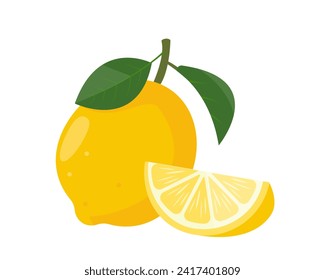 Fruto de limón amarillo fresco con hojas y parte de limón. Frutos orgánicos para jugo de limonada o detox smoothie, vitamina C alimento saludable. Ilustración de icono del vector aislada en fondo blanco.