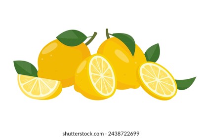 Fresh yellow lemon fruits. Whole lemons, cut lemon, slices and leaves. Organic fruits for lemonade juice or vitamin C healthy food. Vector illustration isolated on white background.