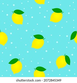 Fresh Yellow Lemon and green leaf with blue turquoise polka dots background of seamless pattern in summer spring harvest time for fabric,  paper, textile, stationary, fashion print, etc.