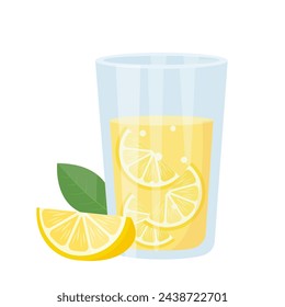 Fresh yellow lemon juice. Glass with citrus drink icon. Detox vitamin C fruit cocktail for healthy dieting. Vector illustration isolated on white background.