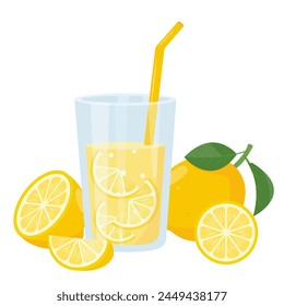 Fresh yellow lemon juice in glass. Weight loss diet vitamin C smoothie. Detox fruit cocktail for healthy dieting. Vector illustration isolated on white background.