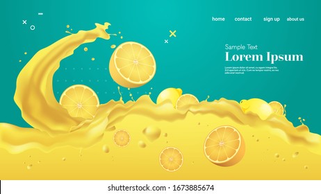 fresh yellow lemon juice liquid splash realistic splashes healthy fruits splashing waves horizontal copy space vector illustration
